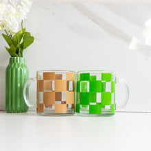 Load image into Gallery viewer, Checker design glass cups in tan and green
