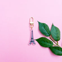 Load image into Gallery viewer, This is an Eiffel Tower Keychain with a gold polished swivel clasp

