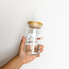 Load image into Gallery viewer, Good things await glass cup with lid and straw 
