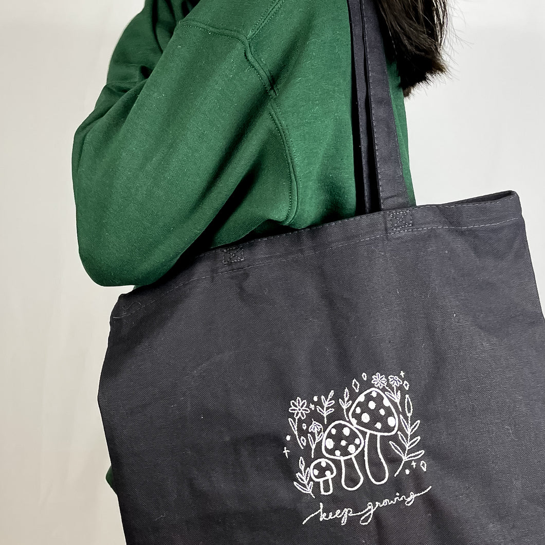 Embroidered Keep Growing Mushroom Tote Bag