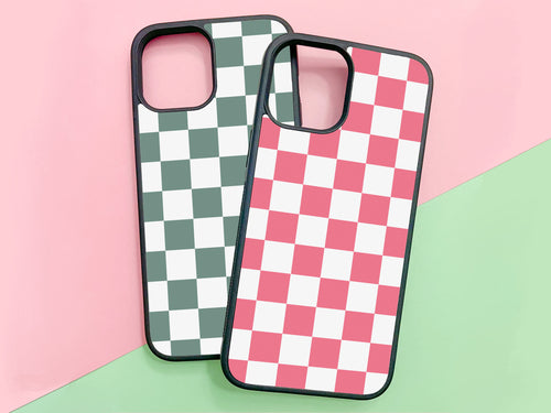 2 phone cases from this listing, white checkers with sage green and the other one white checkers with pink