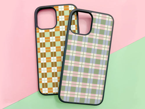 2 plaid phonecases for iPhone or Samsung. On the left in the popcorn color and on the right in the strawberry matcha color