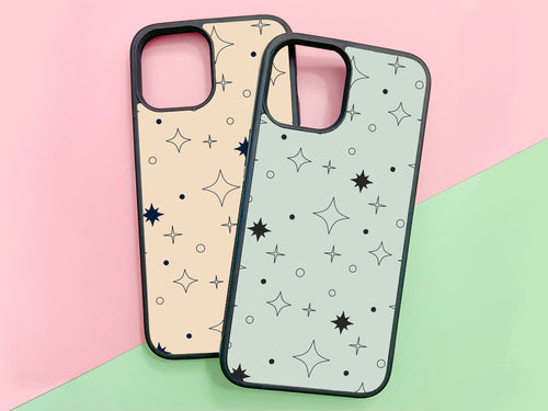 2 twinkle stars phonecases. on the left in a beige color and on the right in a sage green color