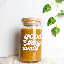 Load image into Gallery viewer, good things await coffee glass cup
